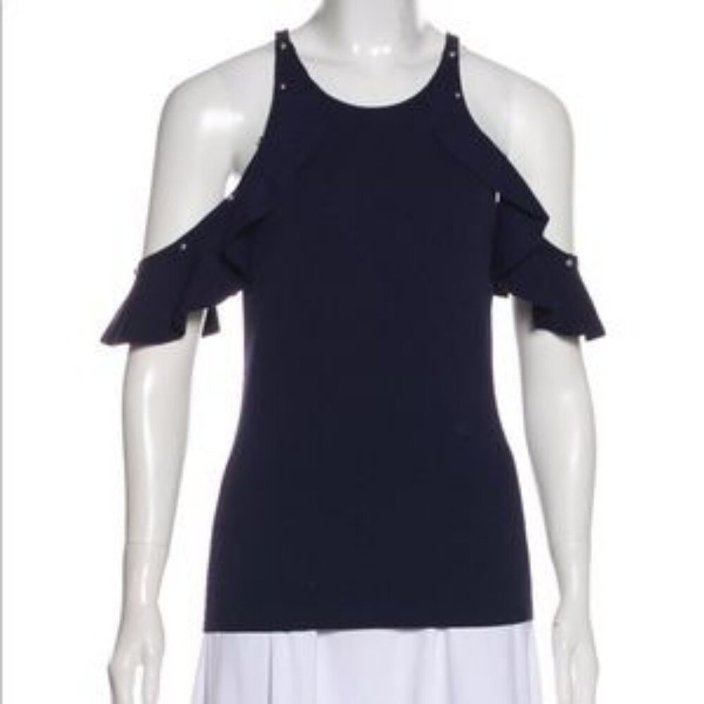 NEW!  JONATHAN SIMKHAI Navy Knit Stud Cold-Shouder Top Small
